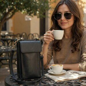 Women’s Phone Pouch Crossbody Handbag Designer Italian Leather – Iya Black